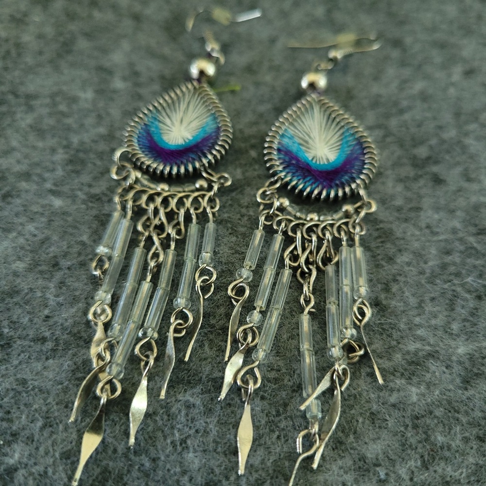 Boho Threadwork Fringe Dangle Earrings Silver Tone Purple Turquoise Southwestern